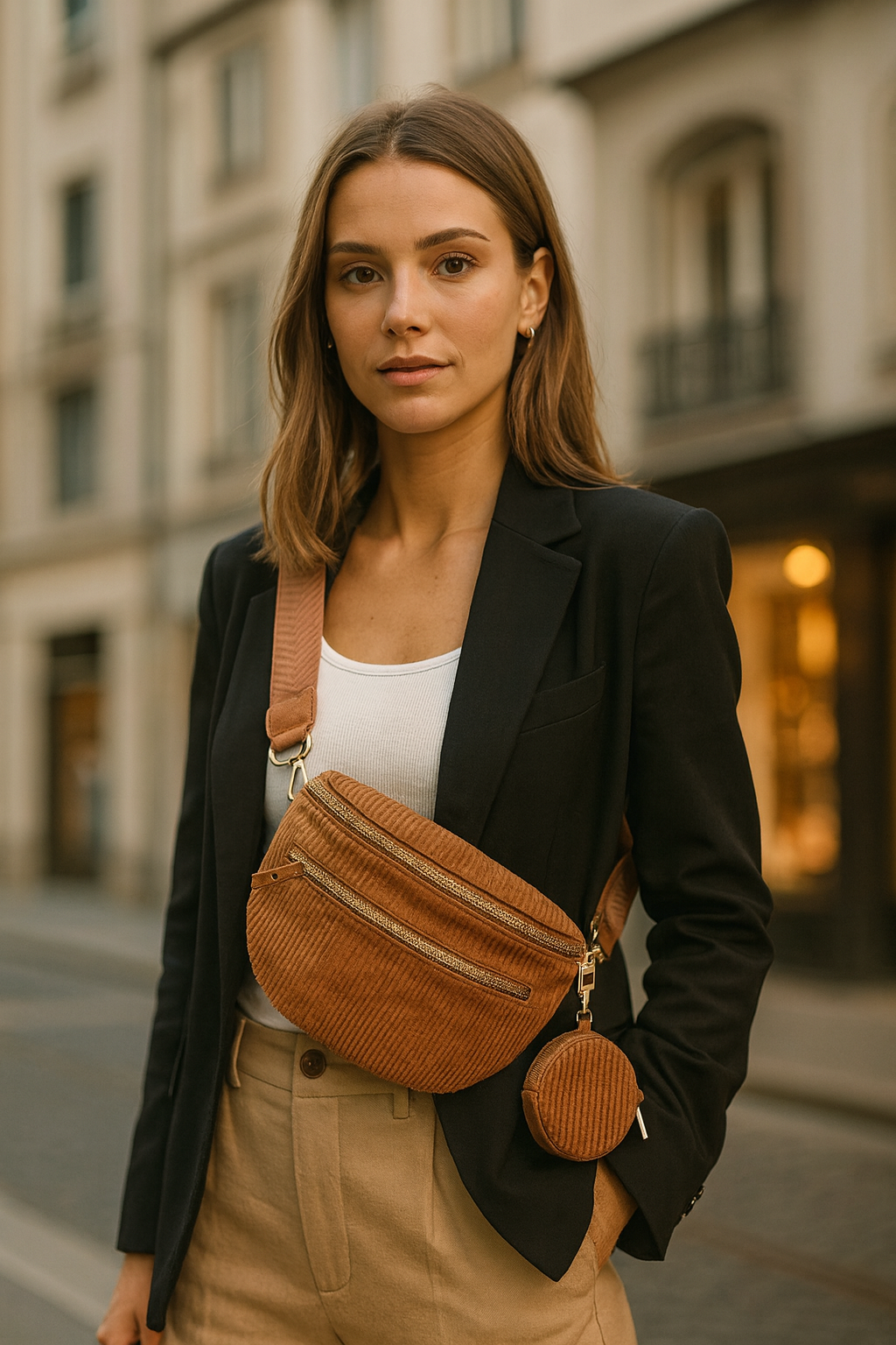 Schokoladenfarbene Cord-Tasche mit Gurt