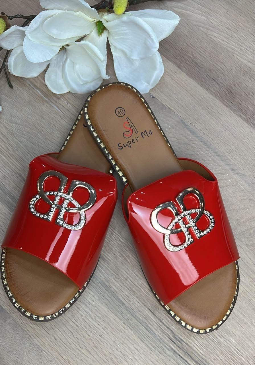 Rote Pantoletten mit Strass & Gold-Detail